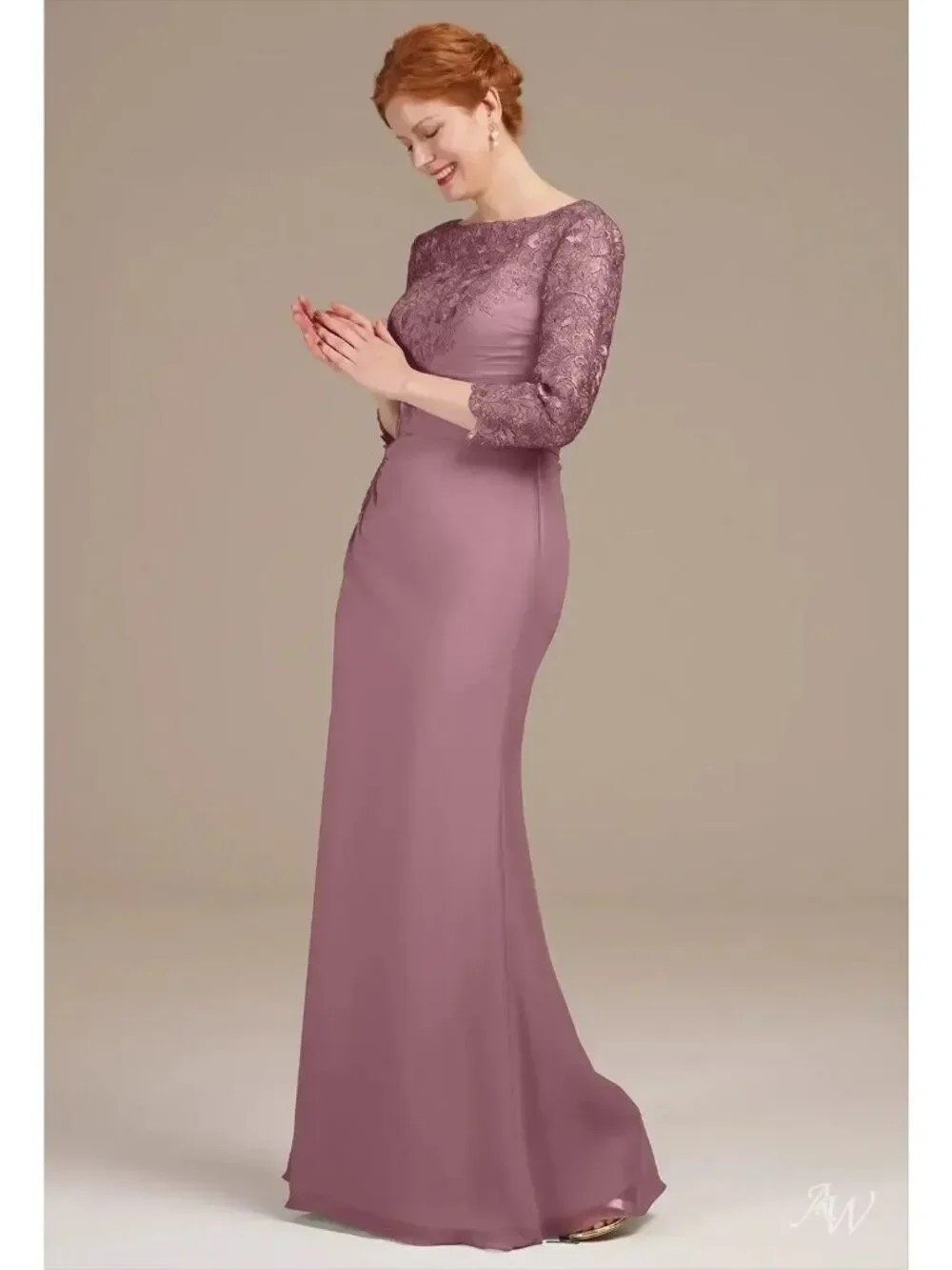 AW Bridal Zephyr Women Mauve Mist Lace Chiffon Mother of the Bridal Dress Size 8